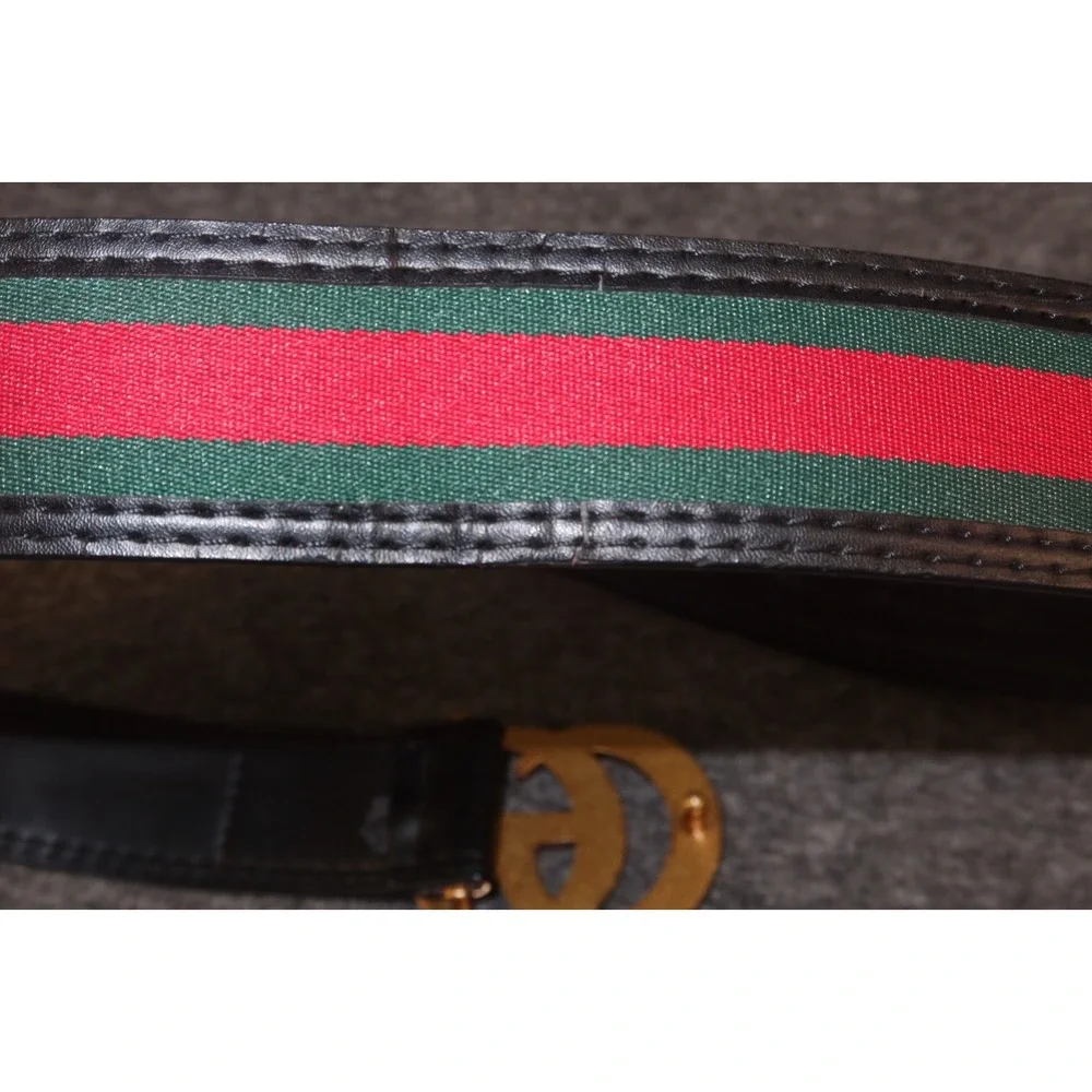 Gucci Green/Red Web Fabric & Leather, GG Logo Buckle Belt Size 44 / 110 cm